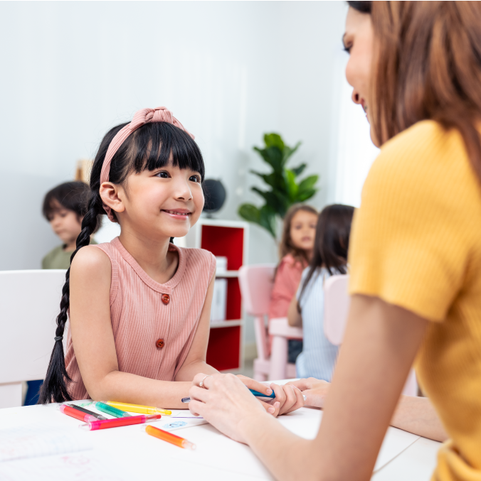 英会話授業を受ける小学校低学年の女の子とネイティブ講師